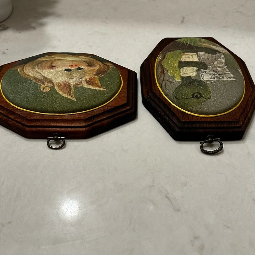 Vintage Wood Plaque Pig Turtle Set Of 2 70s Farmhouse Whimsical